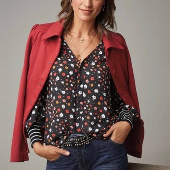 CAbi Tops - CAbi 3957 Cheerful Button Front Blouse Floral Mixed Stripe - Size L EUC